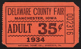 Vintage ticket DELAWARE COUNTY FAIR Manchester Iowa 1934 new old stock n-mint+