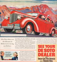 Vintage magazine ad DE SOTO automobile from 1937 Alice Faye from In Old Chicago