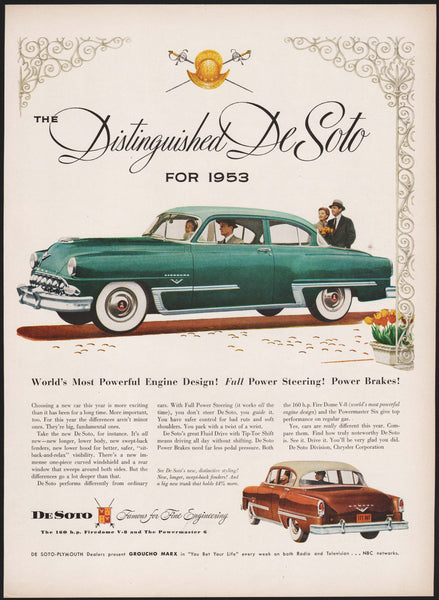 Vintage magazine ad THE DISTINGUISHED DE SOTO from 1953 green and brown cars pictured
