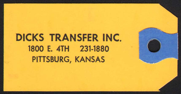 Vintage tag DICKS TRANSFER INC for keys Pittsburg Kansas unused new old stock