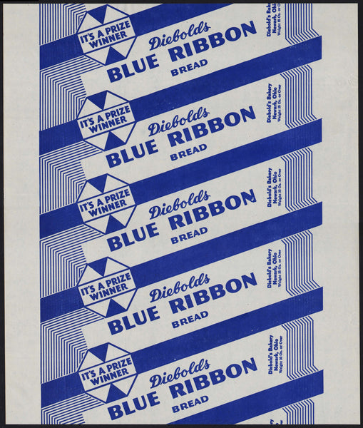 Vintage bread wrapper DIEBOLDS BLUE RIBBON Newark Ohio unused new old stock