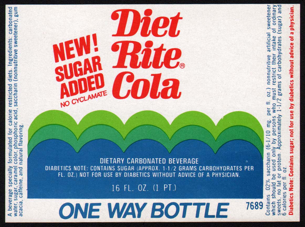 Vintage soda pop bottle label DIET RITE COLA Sugar Added new old stock ...