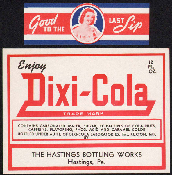 Vintage soda pop bottle label DIXI COLA Hastings Pa woman picture unused n-mint+