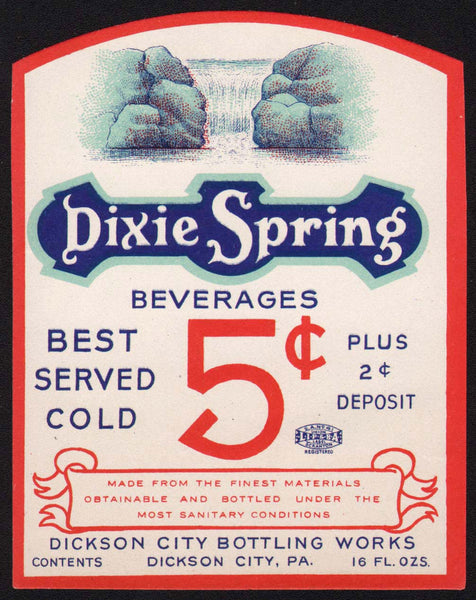 Vintage soda pop bottle label DIXIE SPRING 5 cents Dickson City PA new old stock