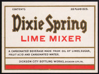 Vintage soda pop bottle label DIXIE SPRING LIME MIXER Dickson City Pa n-mint+