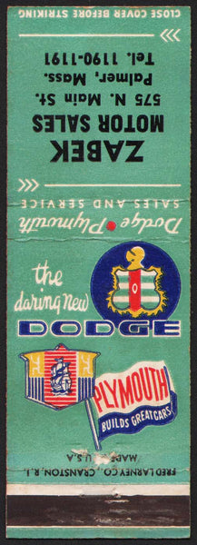 Vintage matchbook cover DODGE PLYMOUTH Zabek Motor Sales Palmer Massachusetts