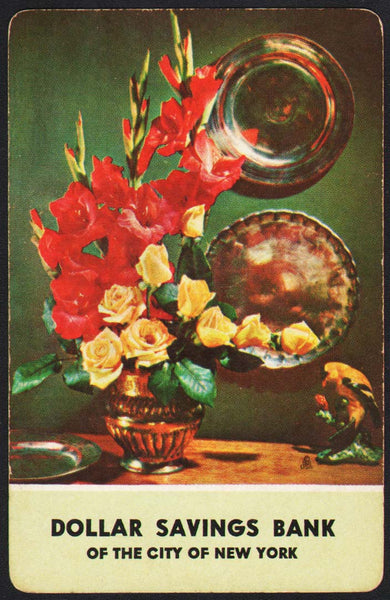 Vintage playing card DOLLAR SAVINGS BANK flower arrangement roses New York City