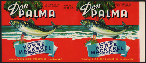 Vintage label DON PALMA Horse Mackerel fish pictured Sea Beach Monterey California