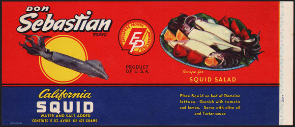Vintage label DON SEBASTIAN California Squid Enterprise Packers Monterey California
