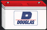 Vintage playing card DOUGLAS large D logo die cut and shaped like a battery