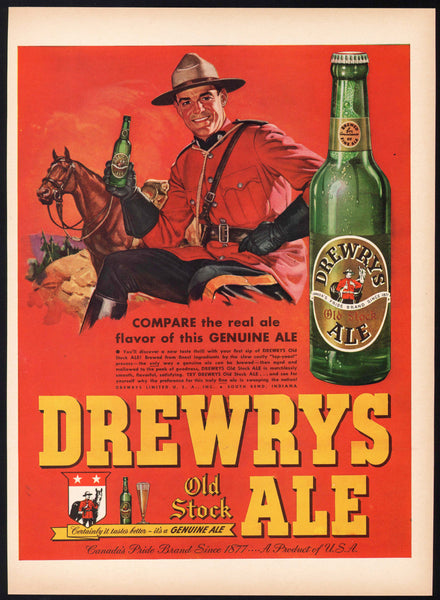 Vintage magazine ad DREWRYS OLD STOCK ALE 1948 Mountie pictured with horse
