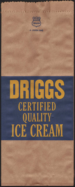 Vintage bag DRIGGS CERTIFIED QUALITY ICE CREAM Toledo Ohio new old stock n-mint