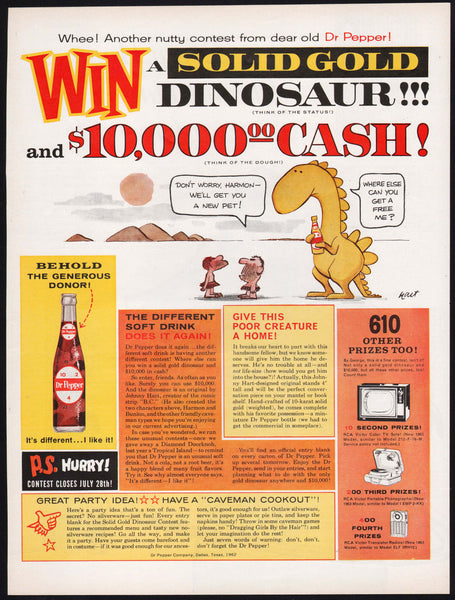 Vintage magazine ad DR PEPPER from 1962 Solid Gold Dinosaur Johnny Hart cartoon