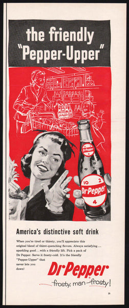 Vintage magazine ad DR PEPPER Frosty Man Frosty 1957 woman Friendly Pepper Upper