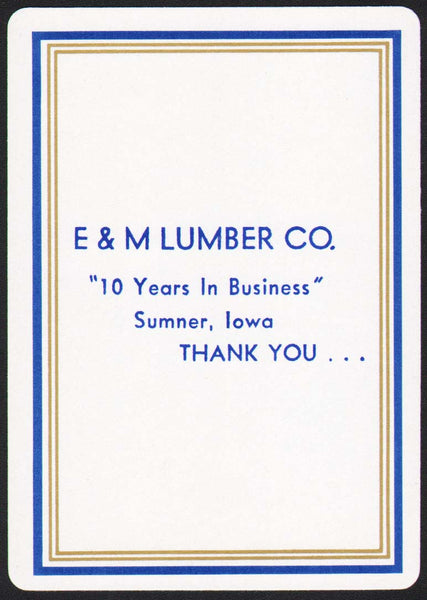 Vintage playing card E and M LUMBER CO 10 Years in Business Thank You Sumner IA