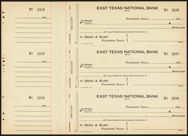 Vintage bank checks EAST TEXAS NATIONAL BANK 1920s Palestine Texas 3 connected