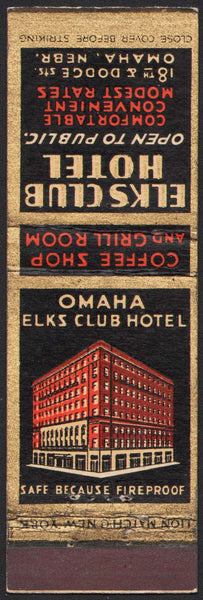 Vintage matchbook cover ELKS CLUB HOTEL early hotel pictured Omaha Nebraska