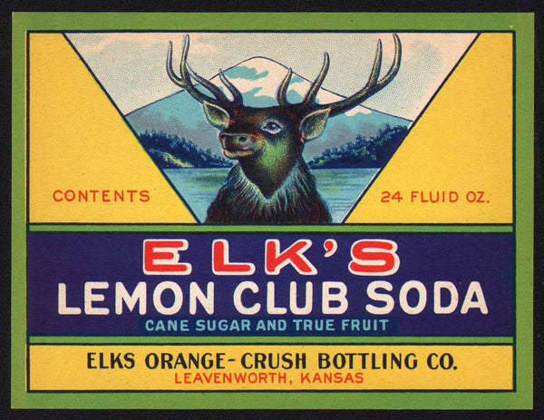 Vintage soda pop bottle label ELKS LEMON CLUB SODA Orange Crush Leavenworth Kansas