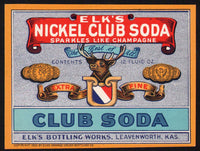 Vintage soda pop bottle label ELKS NICKEL CLUB SODA Leavenworth Kansas unused