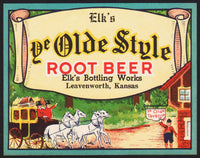 Vintage soda pop bottle label ELKS YE OLDE STYLE ROOT BEER Leavenworth Kansas