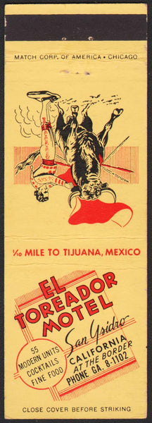 Vintage matchbook cover EL TOREADOR MOTEL bullfighter pictured San Ysidro California