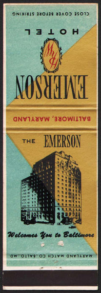 Vintage matchbook cover EMERSON HOTEL with old hotel pictured Baltimore Maryland
