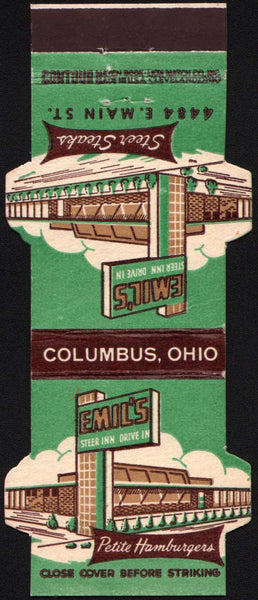 Vintage matchbook cover EMILS STEER INN DRIVE IN Columbus Ohio die cut Contour