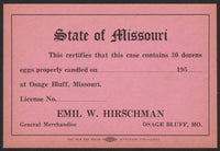 Vintage egg card EMIL W HIRSCHMAN 1950s Osage Bluff Missouri new old stock n-mint