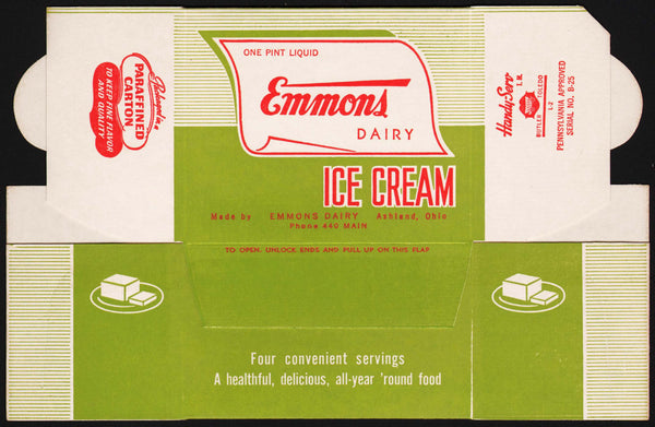 Vintage box EMMONS DAIRY ICE CREAM 1947 Ashland Ohio unused new old stock n-mint