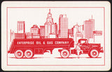 Vintage playing card ENTERPRISE OIL and GAS COMPANY truck and city skyline pictured