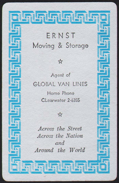 Vintage playing card ERNST MOVING and STORAGE Global Van Lines CLearwater 2-6355