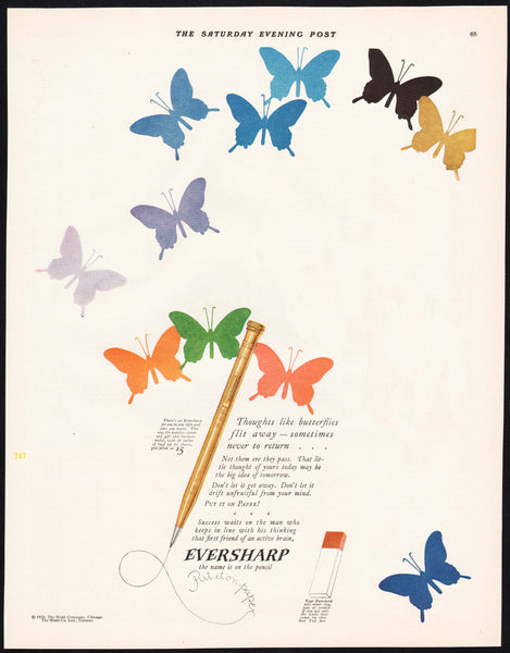 Vintage magazine ad EVERSHARP mechanical pencil and butterflies pictured 1926