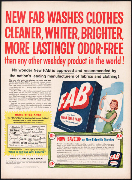 Vintage magazine ad FAB LAUNDRY DETERGENT from 1958 New Fab with Duratex coupon