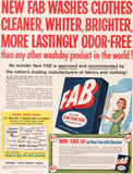 Vintage magazine ad FAB LAUNDRY DETERGENT from 1958 New Fab with Duratex coupon