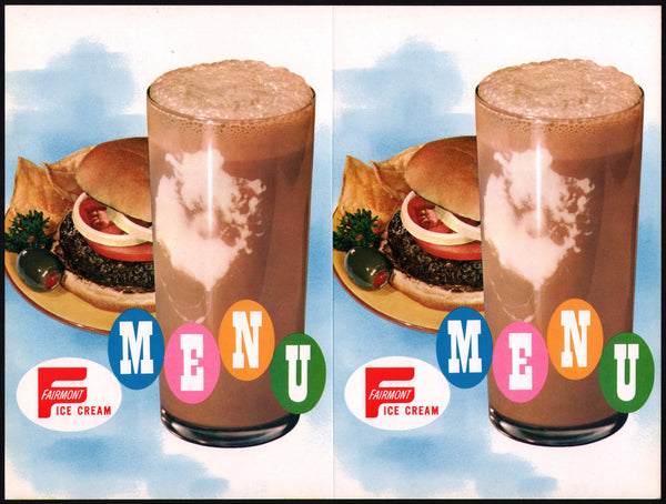 Vintage menu cover FAIRMONT ICE CREAM hamburger and float pictured unused n-mint+