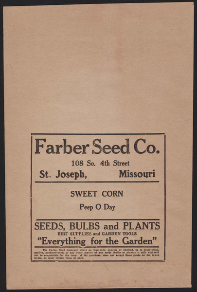Vintage bag FARBER SEED CO Sweet Corn Peep O Day St Joseph Missouri unused n-mint