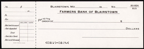 Vintage bank check FARMERS BANK OF BLAIRSTOWN #1 Missouri new old stock n-mint+