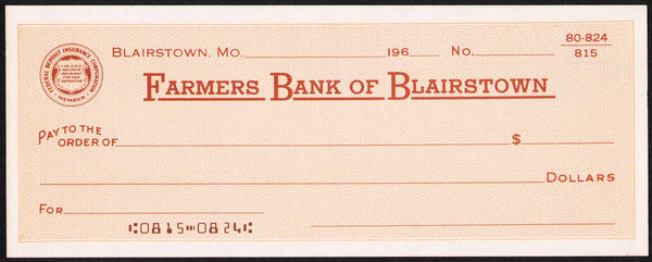Vintage bank check FARMERS BANK OF BLAIRSTOWN #2 Missouri 1960s unused n-mint+