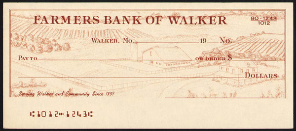 Vintage bank check FARMERS BANK OF WALKER farm scene pictured Walker Missouri