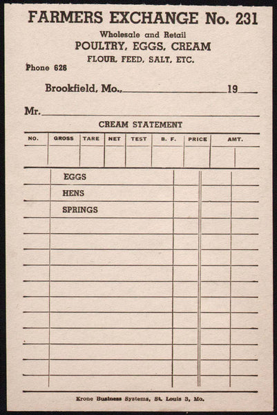 Vintage receipt FARMERS EXCHANGE NO 231 Poultry Flour Seed Salt Brookfield MO