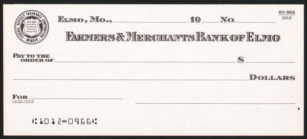 Vintage bank check FARMERS AND MERCHANTS BANK OF ELMO Missouri unused n-mint