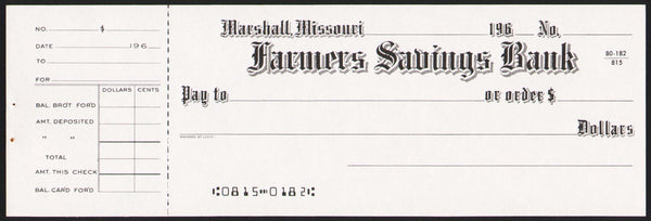 Vintage bank check FARMERS SAVINGS BANK Marshall Missouri 1960s unused n-mint+