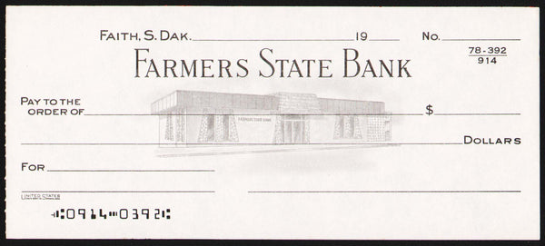 Vintage bank check FARMERS STATE BANK Faith South Dakota bank pictured unused n-mint+
