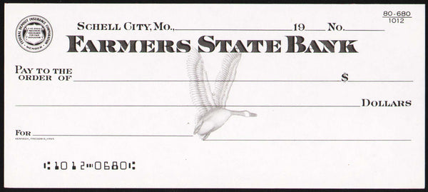 Vintage bank check FARMERS STATE BANK goose pictured Schell City Missouri unused