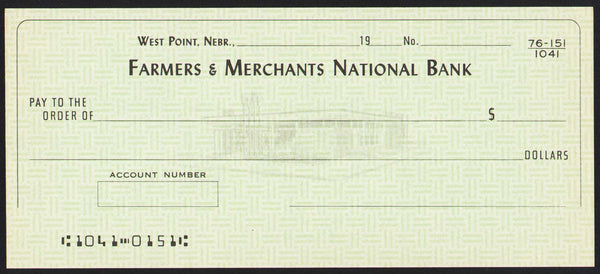 Vintage bank check FARMERS and MERCHANTS NATIONAL BANK West Point Nebraska n-mint+