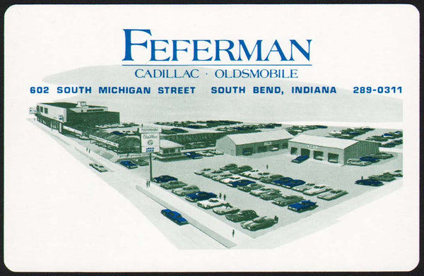 Vintage playing card FEFERMANS Cadillac Oldsmobile car lot picture South Bend IN