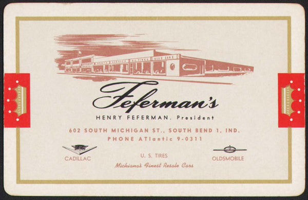 Vintage playing card FEFERMANS red Cadillac Oldsmobile dealership South Bend IN