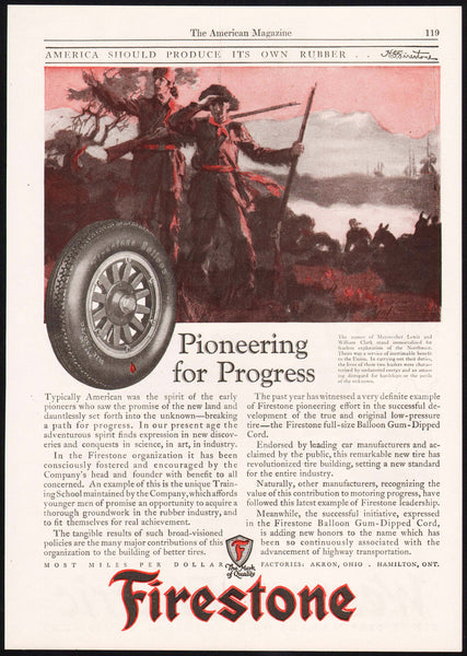 Vintage magazine ad FIRESTONE Balloon tire from 1925 Lewis and Clark pictured
