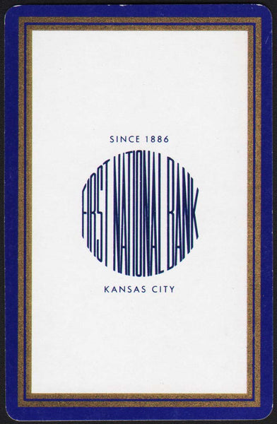 Vintage playing card FIRST NATIONAL BANK blue border Since 1886 Kansas City MO