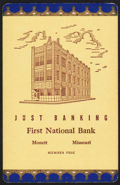 Vintage playing card FIRST NATIONAL BANK blue border building Monett Missouri